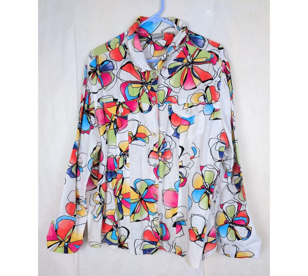 Chicos white floral linen button up top Size 3/ XL Retro Lagenlook Boho Coastal